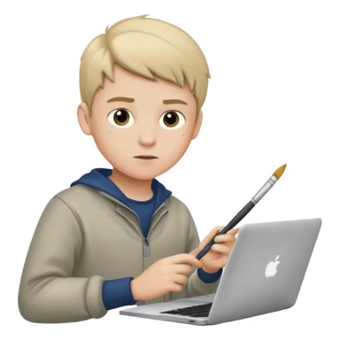 boy working in Macbook, he is graphic designer and paint artist sticker