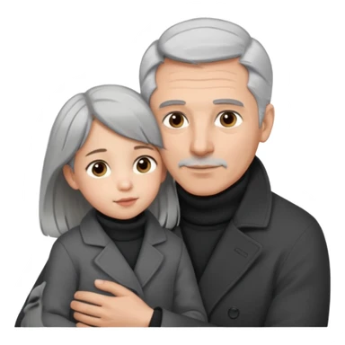 A father with silver-grey hair styled neatly and a clean-shaven face, wearing a dark turtleneck and wool coat, holding his girl child gently.  sticker
