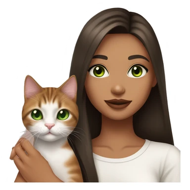 A girl with green eyes and dark brown straight hair, and makeup nude lipstick  and eyelashes, slightly tanned, oval light pink fingernails ,white top, holding a brown tabby cat with green eyes  sticker