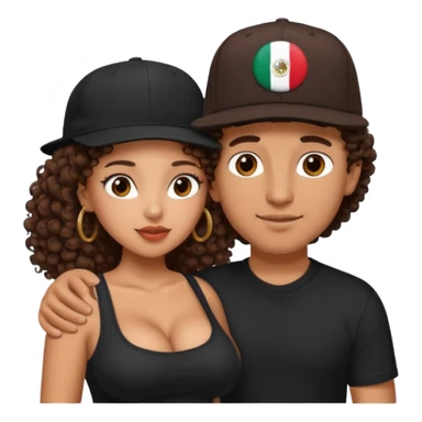A picture of a tanned couple embracing. the guy is Mexican, with a bald hair cut and he has a SnapBack hat on. The girl is mixed, the girl is wearing a black shirt, the girl has brown curly big hair and the girl has big boobs  sticker