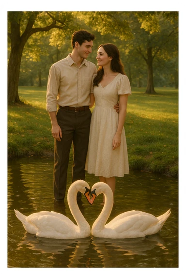 Vertical format: A man and woman in a park looking at two swans forming a heart with their necks, the couple exchanging a tender glance, romantic atmosphere. sticker