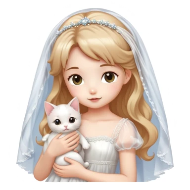 Very dreamy-beautiful-fashionable and elegant-wearing a wedding dress-wearing a veil-girl-holding a kitten-shiny-lady-soft style-kawaii-beautiful-hair-fairy style- sticker
