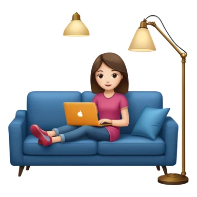 A girl is working with a laptop while lying on a sofa, with a floor lamp to the right. sticker