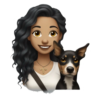 light skin woman with a face tattoo of a small cross near her eye and long wavy black hair expressing joy alongide a white and brown miniature kelpie sticker