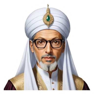 Jeff Goldblum no glasses as a regal portrait dressed as suleiman-the-magnificent,-depicted-as-a-regal-ottoman-sultan-adorned-with-a-large,-white,-round,-tall-turban-and-a-majestic-grey-beard,-his-commanding-gaze-bathed-in-warm,-historic-lighting-that-exudes-time with a large beard **no glasses* sticker