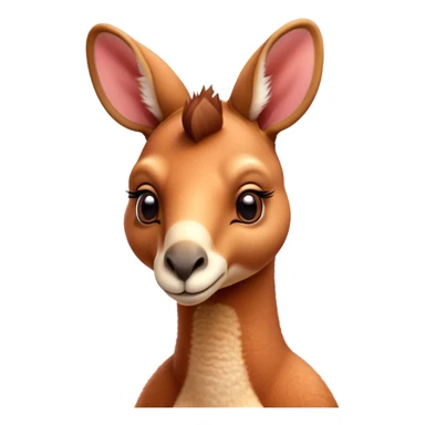 Cinematic Cute Adult Red Kangaroo Portrait Emoji, Head tilted playfully and inquisitively, showcasing a charming, robust build with soft reddish fur and a uniquely camel-like head featuring a gentle, elongated snout and rounded ears, with large, sparkling eyes full of wonder, Simplified yet irresistibly adorable features, highly detailed, glowing with a warm, friendly glow, high shine, affectionate and lively, stylized with a touch of outback whimsy, soft glowing outline, capturing the essence of a mischievous yet loving kangaroo that seems as if it could hop out of the screen into your arms! sticker