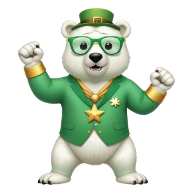 full body friendly anthropomorphised polar bear wearing oversized colorful star glasses and festive St. Patrick's Day outfit doing a fist pump sticker