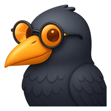 Make the bird emoji more emoji-like, keeping the detailed, slightly cartoonish style and subtle emoji shine. Define the feathers just a bit more than before, but keep it clean and not too realistic. Keep the orange beak and round sunglasses. Bird looking to the left. No background. sticker