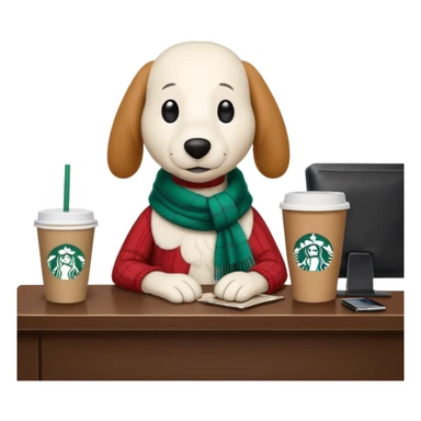 snoopy in a desk with starbucks and his chanel purse sticker