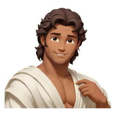 Cinematic Realistic Hercules Portrait, head tilted playfully and inquisitively, showcasing a charming blend of Disney heroic charisma and the refined grace of Michelangelo's David. His sun-kissed bronze skin and thick, wavy dark hair are rendered with classical precision, complementing a warm, inviting smile and sparkling, mischievous eyes. Clad in a softly draped white robe with subtle golden details, he exudes approachable strength under gentle, natural lighting. sticker