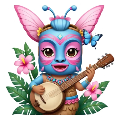 Pixar style little Blue and pink tiki singing with a butterfly, banjo, and tropical flowers, ultra detailed and lifelike imagery, realistic sticker