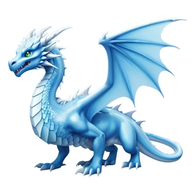 Cinematic Noble elegant Ice Dragon full body Emoji, Poised and imposing, distinct long elegant snout, with a slender, scaled body shimmering in glacial hues of icy blue, frostbitten silver, and crystalline white, breathing out frost, with piercing, glowing eyes that radiate the chilling depths of an arctic storm; rendered in detail. displaying its wings sticker