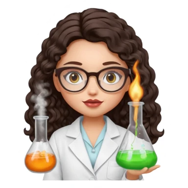realistic bratz doll with long loose curly dark brown hair, glasses that are round cat eye vibes, in a lab coat mixing beakers that glow sticker