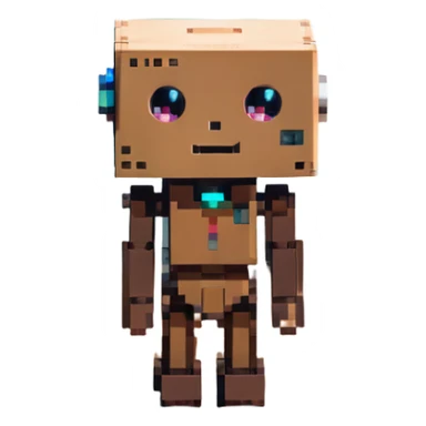 Danbo robot with square head, simple face, standing on wooden floor in a warmly lit room, pastel palette, soft shadows, cozy cartoon look sticker