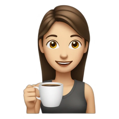 white young brunet woman with face visible nervous smile  and eyes wide open holding a cup of coffee sticker