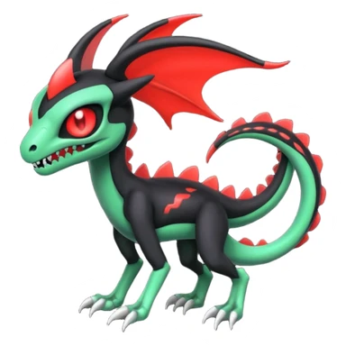 Obsidian-black and neon-glowing-green skeletal Meloetta-Salandit-Gorebyss-Salazzle-Pokémon-Fakémon-creature-fusion-hybrid with glowing crimson-red evil slit eyes sticker