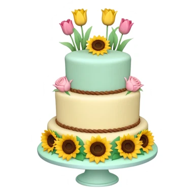 A large three teir cake with top layer decorated with roses, middle with Sunflowers and bottom layerwith Tulips and Happy Birthday Dear written on top. sticker