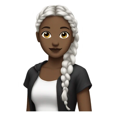 Pale girl with brown hair with silver ends, pulled into a braid, wearing black sticker