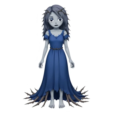 Gloomy petite beautiful pretty sparkly shiny ghostly fair lady with long ragged torn tattered dress, thorns across arms and legs, depressed face, ghoul-like gloomy dark greyish dull-colored deep-blue dark-black swampy monsterous lady woman (full body) sticker
