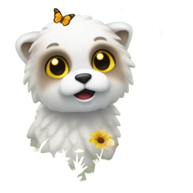 Design an emoji of a vibrant meadow filled with colorful wildflowers, rolling green hills, and a bright blue sky with fluffy white clouds. Add a few butterflies or bees to give it a lively, cheerful aesthetic sticker