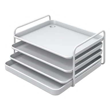 A minimal, clean emoji-style illustration of a white metal desk paper organizer tray, shown in slight isometric view so its structure is readable at a small scale. The organizer is rectangular with rounded corners, made of thin white metal wires, forming two to three stacked horizontal slots.
 sticker