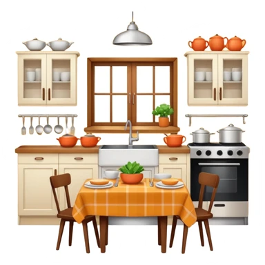 A cozy home kitchen in clean emoji-style illustration. Warm colors, simple shapes, homemade dishes on the counter, friendly atmosphere, flat design, high contrast, clear outlines. sticker