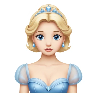 Cinematic Elegant Cinderella Portrait Emoji, rendered in a beautifully detailed, vector-style with minimal shading and bold, simplified shapes. Depict Cinderella in her classic ball gown (chest and above) with fair, porcelain skin and elegantly styled blonde hair, her eyes soft and kind, and her expression serene and graceful. The design glows with a gentle, enchanting radiance and high shine, capturing the timeless beauty of a fairy tale princess. sticker