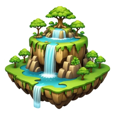 a 2d smooth not too dertailed cartoon floating island emoji with waterffalls of the sides sticker