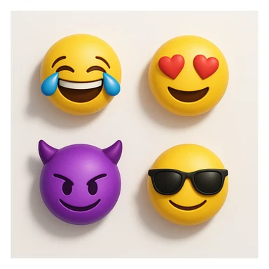 make four emojis on white background with good amount of shadow, four emojis of smiley's only. one laughing, second heart eyes, third purple devil and four black glasses emojis  sticker