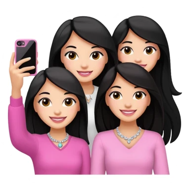 Just 3 besties with professional glammed up looks wearing pink and white, all medium skin tone smiling big with black long hair. Very girly wearing simple jewelry, taking a selfie  sticker
