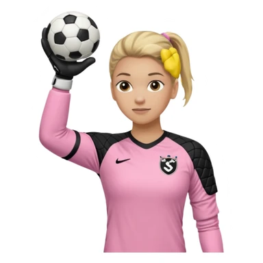 Make a dirty blonde football goalkeeper with goalkeeper gloves on. light skinned and wearing a light pink football kit. Wearing one ponytail on back of head. Make it without the whole body. With full sleeves. No RUGBY BALL JUST BLACK AND WHITE BALL. Holding ball under armpit. Other hand hanging down sticker