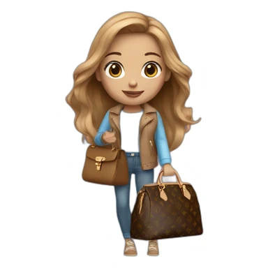 1 girl with light-brown long hair, blue eyes holding louis vuitton bag sticker
