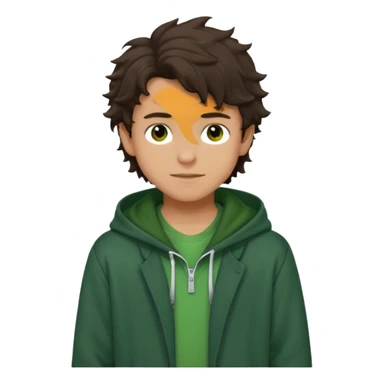 a 14 year old slightly tanned teenage boy with dark brown tousled wavy hair, dark brown eyes wearing a green tshirt, with a dark green hoodie overcoat. smirking. full body sticker