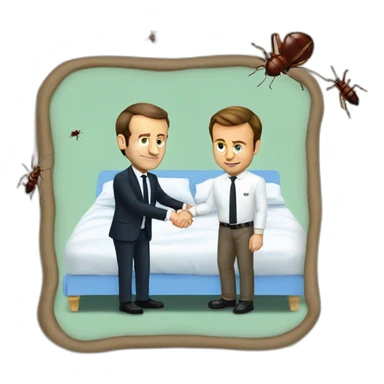 emmanuel macron handshaking with a bed bug sticker