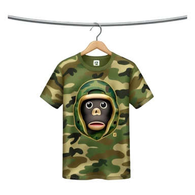 high quality emoji of a BAPE T-shirt on a hanger displaying classic green camouflage and BAPE ape head emblem, polished modern look sticker