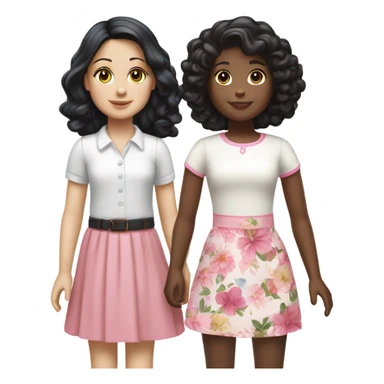  one  girl with short straight black hair and pale skin with white shirt and pink skirt on, one American girl with long curly dirty blond hair and a floral dress on.  Both are friends sticker