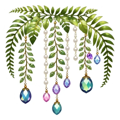 Few cute tiny Iridescent glistening glossy sparkly shiny glittery hanging crystals pearls and beads and gemstones scenery scenic decorations with vines and ferns and flowers sticker