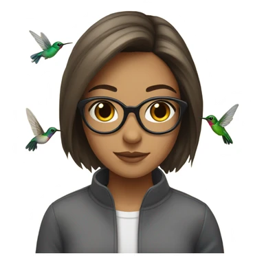 Girl, brunette, with short hair, wearing glasses with a hummingbird next to her sticker