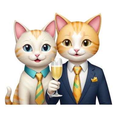 happy girl cat with eyelashes wearing a colorful necktie and happy boy cat wearing a professional necktie clinking champagne glasses together in celebration, both with cheerful expressions sticker