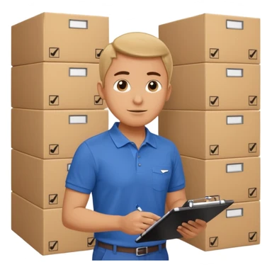 A person holding a clipboard with checklist marks next to stacked boxes, indicating stock or inventory management. sticker