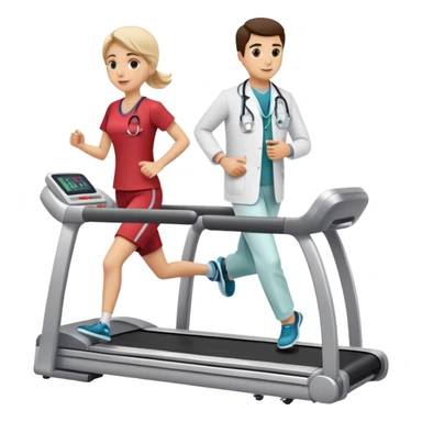 patient running on a treadmill, heart monitor display, and a doctor nearby sticker
