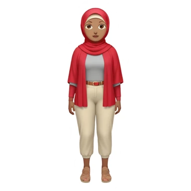 Heavy-set woman with medium-brown skin wearing a light red hijab, cream top, light red pants, tan shoes, and a visible gray below-knee prosthetic leg. Standing confidently with one hand on her hip sticker