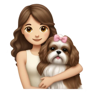 human girl with long wavy brown hair hugging a cream colored shih tzu girl with bow sticker