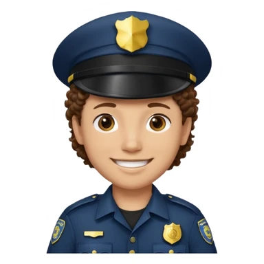a cartoon-style avatar of a police officer with curly brown hair, wearing a black cap sticker