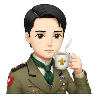 Levi Ackerman drinking tea, with black undercut hair, Scout Regiment uniform and cravat sticker