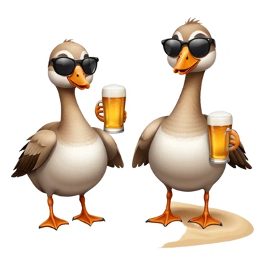 Two geese sunbathing on the beach wearing sunglasses drinking beers. You can tell they’re on the beach by the ocean  sticker