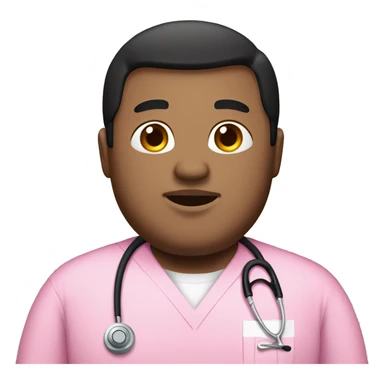Chubby man with black straight hair wearing a pink nurse scrub sticker