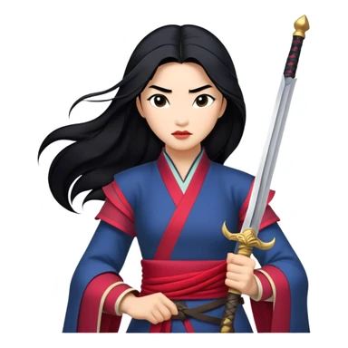 Cinematic Realistic Mulan Portrait, depicted with lifelike skin texture, soft natural lighting, and intricately detailed long black hair styled elegantly. Her deep, expressive eyes exude determination and grace, complemented by a serene yet confident expression. She stands with one hand resting on the hilt of her sword, the other by her side, exuding strength and poise. She is dressed in her classic attire, with rich fabric textures and delicate folds that catch the light beautifully. The portrait features a soft, enchanting glow with a natural, radiant finish, capturing the essence of timeless strength and beauty in a realistic and painterly style, evoking a sense of depth and authenticity. sticker