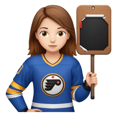 Girl sharks hockey fan with brown long hair holding a large blank sign sticker