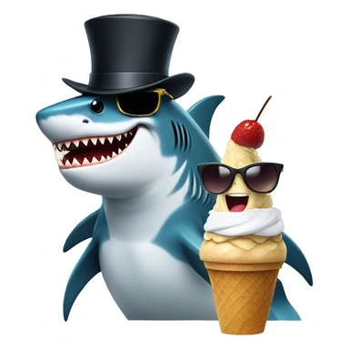 Shark with sunglasses eating ice cream while sitting next to a eagle with a top hat sticker